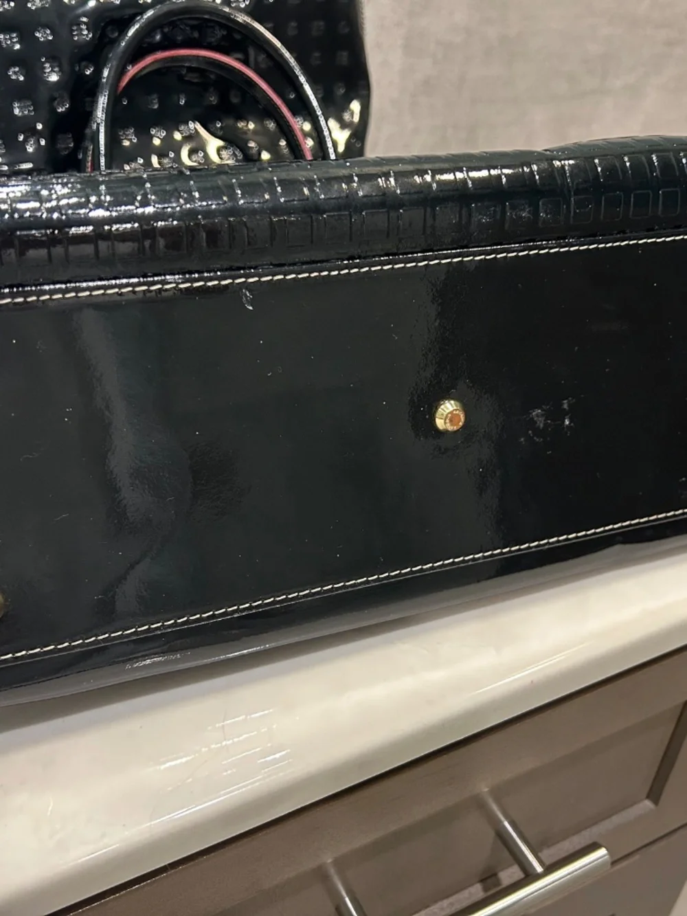 Quiet luxury Arcadia Italy black patent leather satchel work bag